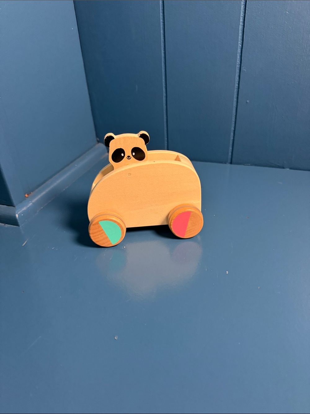 Wooden Panda Pull-Along Car in Natural with Mint & Coral Wheels